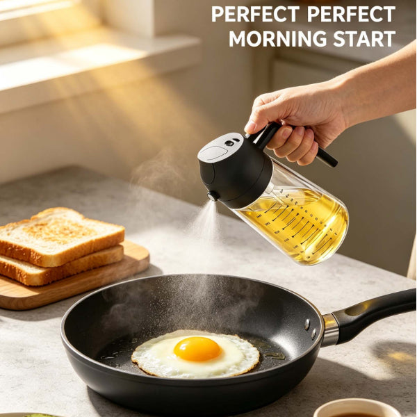 2 in 1 Oil Sprayer Dispenser, 400ml Glass Olive Oil Sprayer for Air Fryer Grill Salad Baking, No Drip Oil Bottle with Measurements