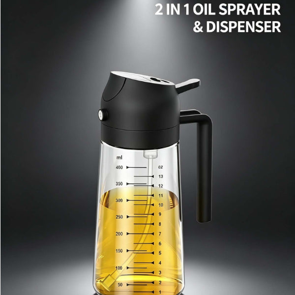 2 in 1 Oil Sprayer Dispenser, 400ml Glass Olive Oil Sprayer for Air Fryer Grill Salad Baking, No Drip Oil Bottle with Measurements
