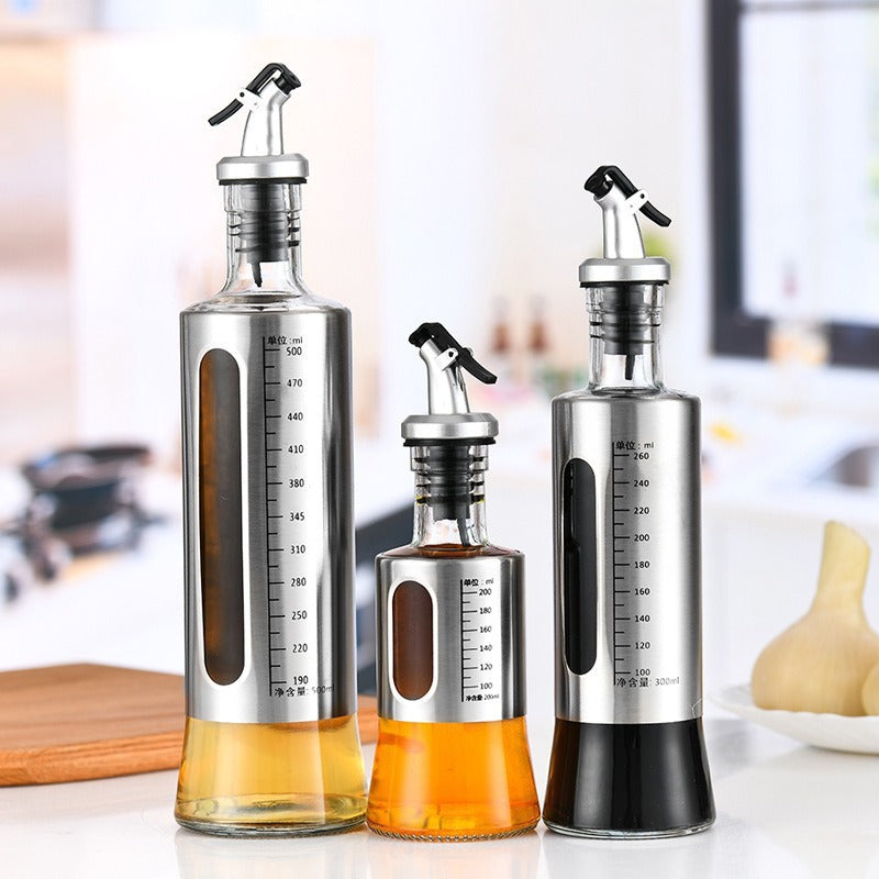 300ml Glass Oil Dispenser Bottle with Stainless Steel Sleeve, Precision Pour Spout for Olive Oil, Vinegar & Soy Sauce