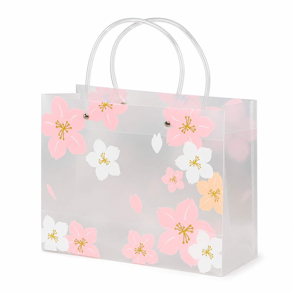 Semi-transparent Cherry Blossom Gift Bags with Handles, 10 Pack Reusable Plastic Party Favor Tote Bags for Birthday Wedding Holiday Gift Wrapping