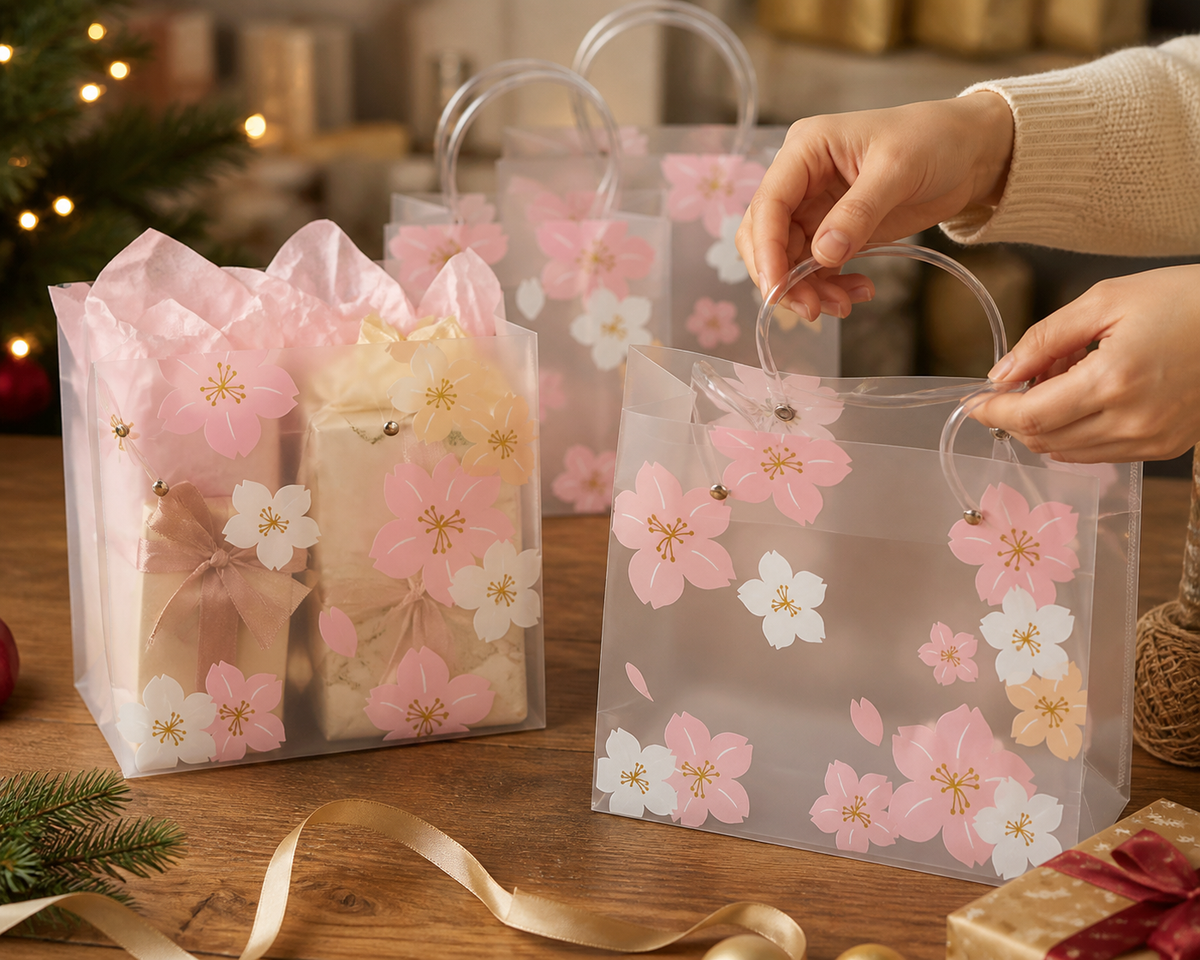 Semi-transparent Cherry Blossom Gift Bags with Handles, 10 Pack Reusable Plastic Party Favor Tote Bags for Birthday Wedding Holiday Gift Wrapping