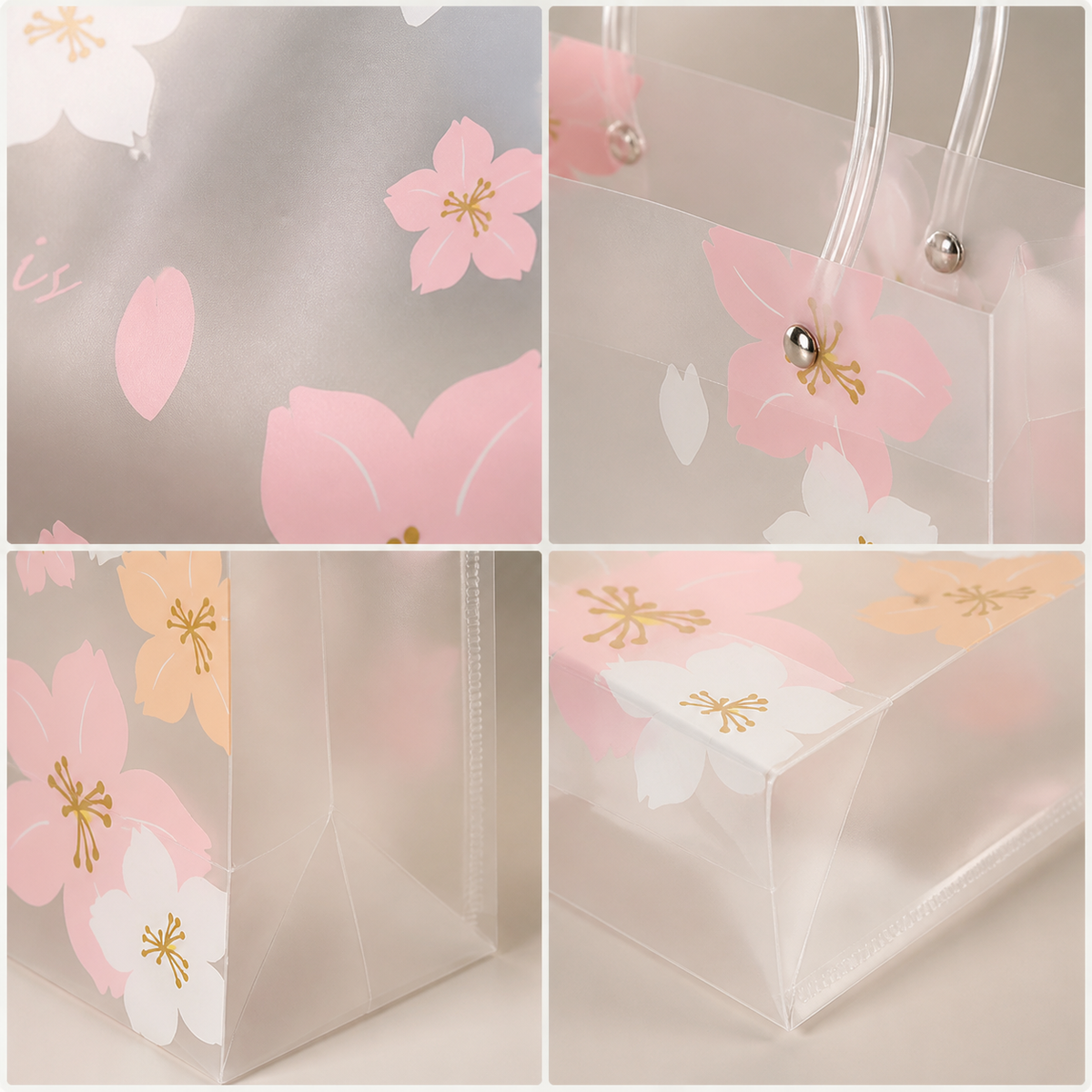 Semi-transparent Cherry Blossom Gift Bags with Handles, 10 Pack Reusable Plastic Party Favor Tote Bags for Birthday Wedding Holiday Gift Wrapping