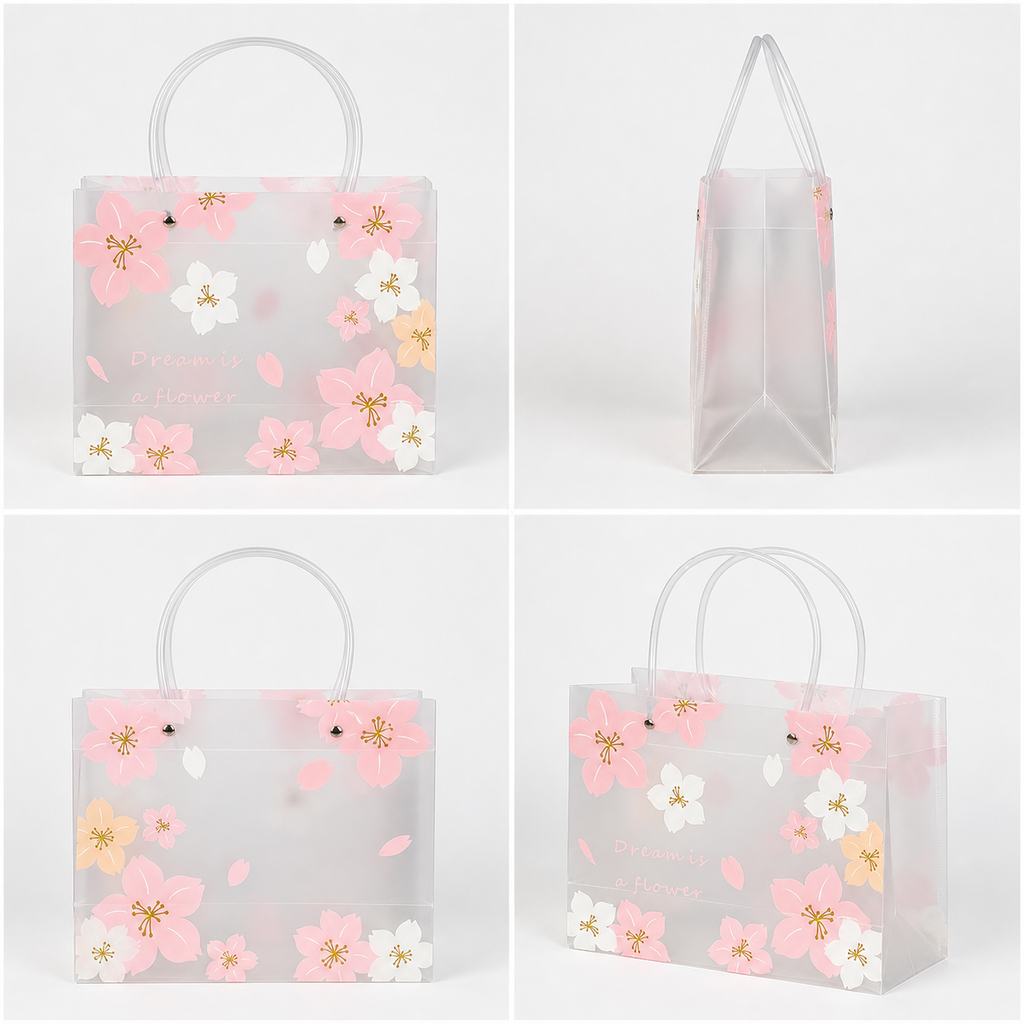 Semi-transparent Cherry Blossom Gift Bags with Handles, 10 Pack Reusable Plastic Party Favor Tote Bags for Birthday Wedding Holiday Gift Wrapping