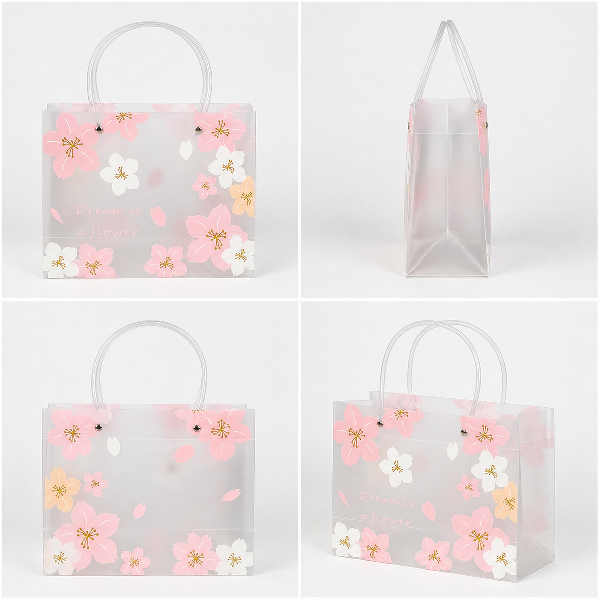 Semi-transparent Cherry Blossom Gift Bags with Handles, 10 Pack Reusable Plastic Party Favor Tote Bags for Birthday Wedding Holiday Gift Wrapping