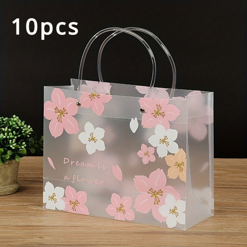 Semi-transparent Cherry Blossom Gift Bags with Handles, 10 Pack Reusable Plastic Party Favor Tote Bags for Birthday Wedding Holiday Gift Wrapping