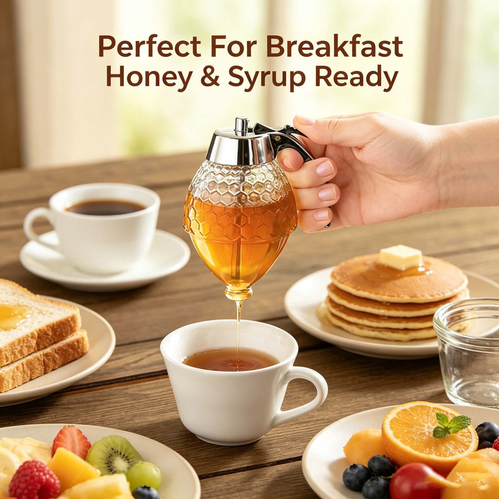 Glass Honey Dispenser with Honeycomb Texture, No Drip Syrup Bottle with Press Dispensing Lid, Clear Honey Pot for Kitchen Table, for Honey Syrup Sweetener