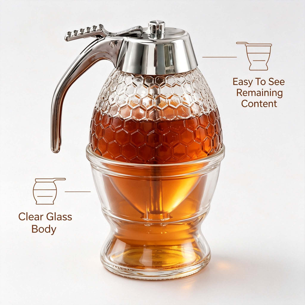 Glass Honey Dispenser with Honeycomb Texture, No Drip Syrup Bottle with Press Dispensing Lid, Clear Honey Pot for Kitchen Table, for Honey Syrup Sweetener