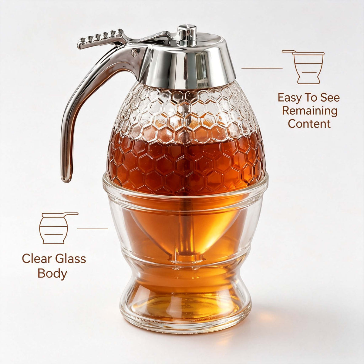 Glass Honey Dispenser with Honeycomb Texture, No Drip Syrup Bottle with Press Dispensing Lid, Clear Honey Pot for Kitchen Table, for Honey Syrup Sweetener
