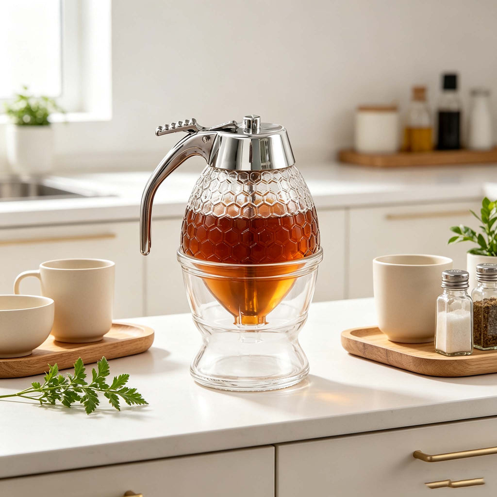 Glass Honey Dispenser with Honeycomb Texture, No Drip Syrup Bottle with Press Dispensing Lid, Clear Honey Pot for Kitchen Table, for Honey Syrup Sweetener