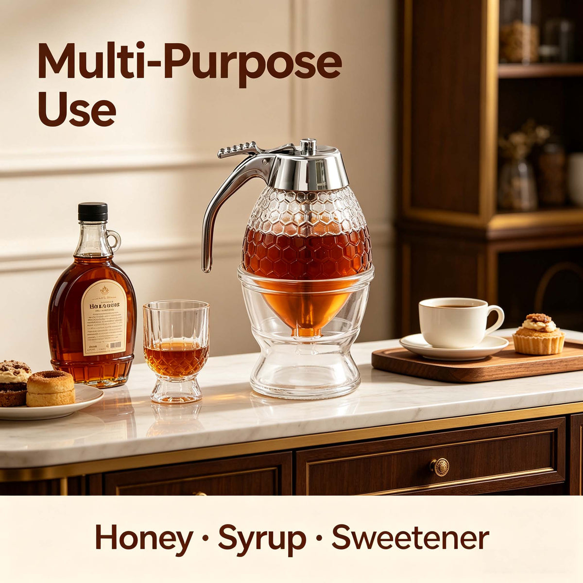 Glass Honey Dispenser with Honeycomb Texture, No Drip Syrup Bottle with Press Dispensing Lid, Clear Honey Pot for Kitchen Table, for Honey Syrup Sweetener