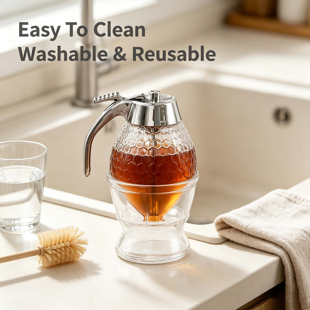 Glass Honey Dispenser with Honeycomb Texture, No Drip Syrup Bottle with Press Dispensing Lid, Clear Honey Pot for Kitchen Table, for Honey Syrup Sweetener