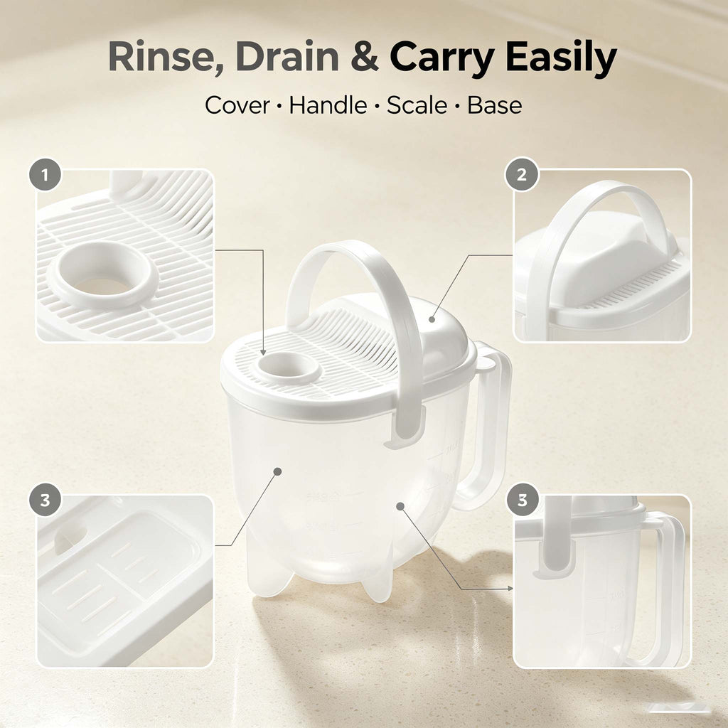 Rice Washer Strainer Cup, Transparent Grain Washing Container with Handle & Drain Lid, Portable Rice Rinser for Beans, Oats and Kitchen Grain Prep