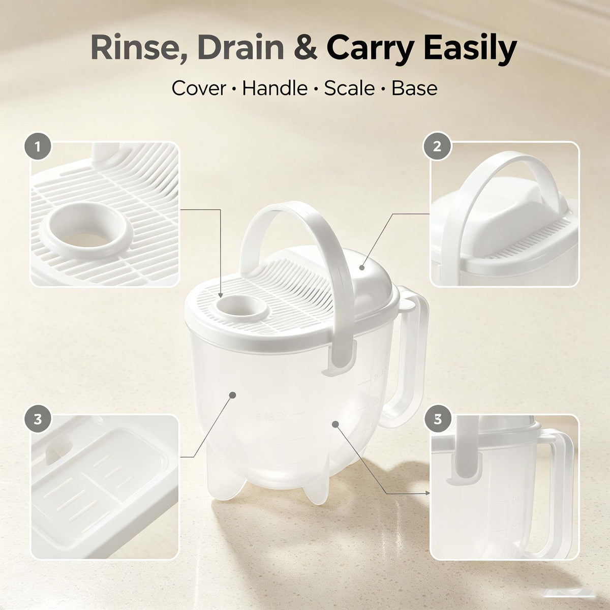 Rice Washer Strainer Cup, Transparent Grain Washing Container with Handle & Drain Lid, Portable Rice Rinser for Beans, Oats and Kitchen Grain Prep