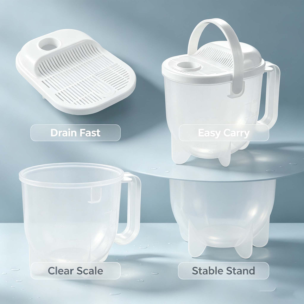 Rice Washer Strainer Cup, Transparent Grain Washing Container with Handle & Drain Lid, Portable Rice Rinser for Beans, Oats and Kitchen Grain Prep