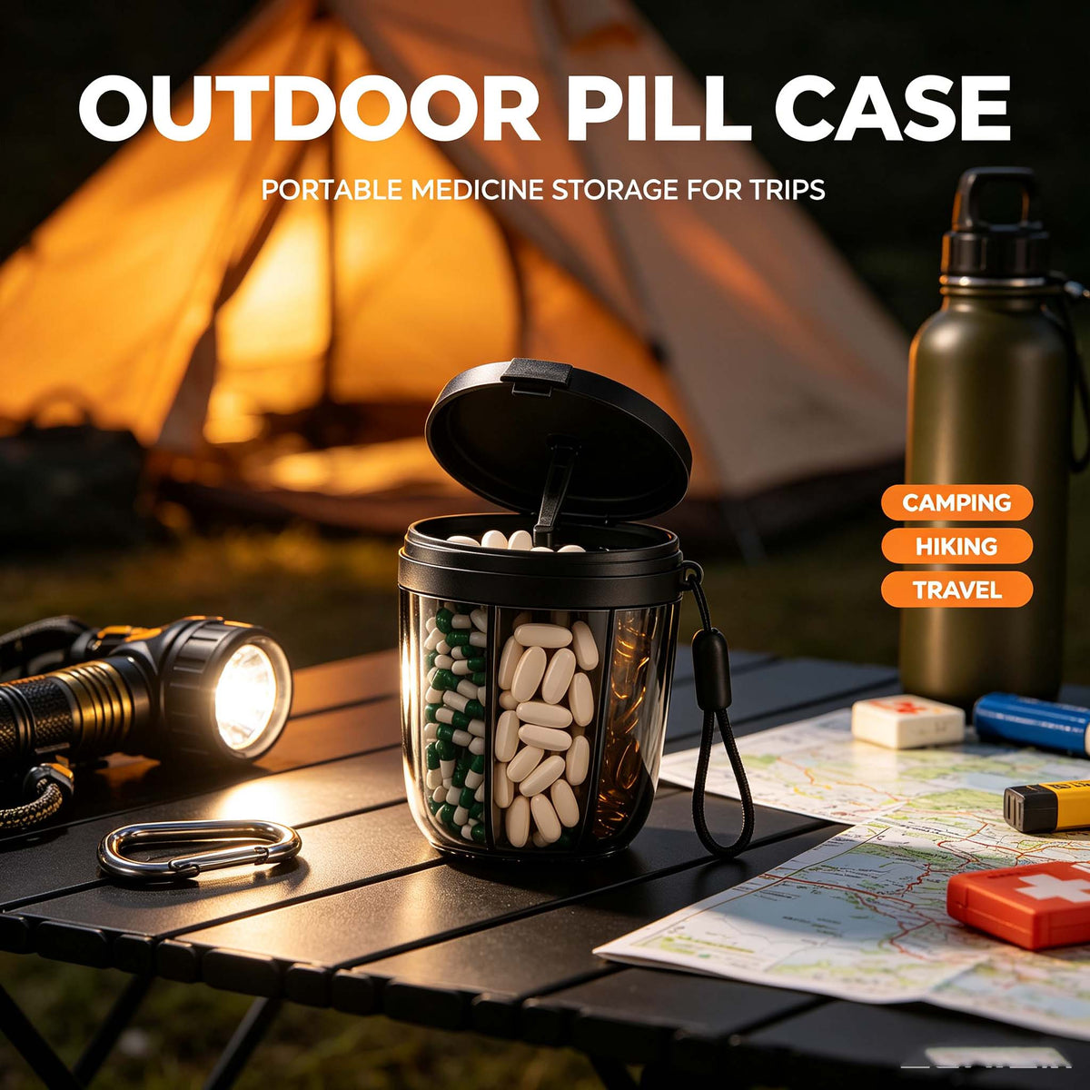 7-Compartment Portable Pill Organizer with Snap Lid and Wrist Strap, Travel Medicine Storage Case - Black