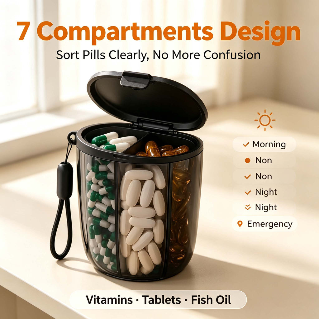 7-Compartment Portable Pill Organizer with Snap Lid and Wrist Strap, Travel Medicine Storage Case - Black