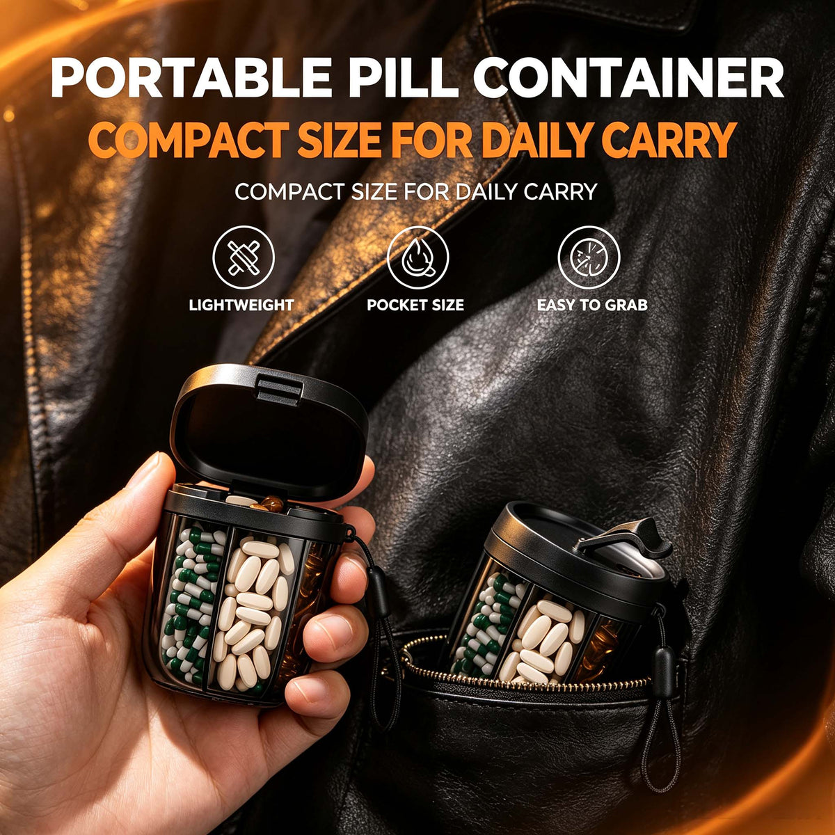 7-Compartment Portable Pill Organizer with Snap Lid and Wrist Strap, Travel Medicine Storage Case - Black