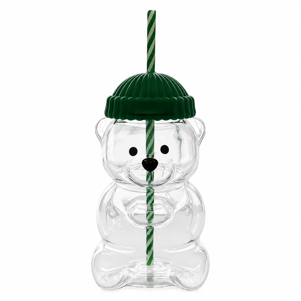 Cute Bear Plastic Cup with Straw & Knitted Beanie Lid, Transparent Bear Shaped Water Bottle, Festive Drink Cup for Christmas Birthday Party Home Office