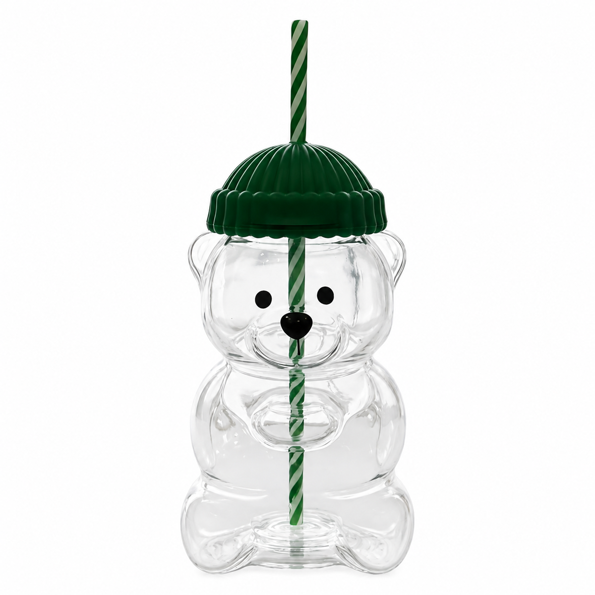 Cute Bear Plastic Cup with Straw & Knitted Beanie Lid, Transparent Bear Shaped Water Bottle, Festive Drink Cup for Christmas Birthday Party Home Office