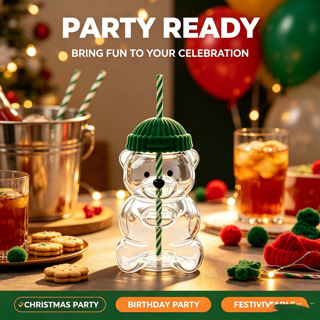 Cute Bear Plastic Cup with Straw & Knitted Beanie Lid, Transparent Bear Shaped Water Bottle, Festive Drink Cup for Christmas Birthday Party Home Office