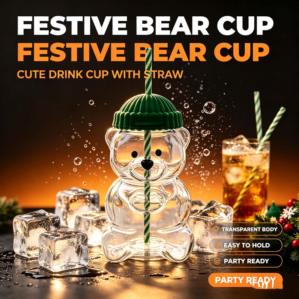Cute Bear Plastic Cup with Straw & Knitted Beanie Lid, Transparent Bear Shaped Water Bottle, Festive Drink Cup for Christmas Birthday Party Home Office