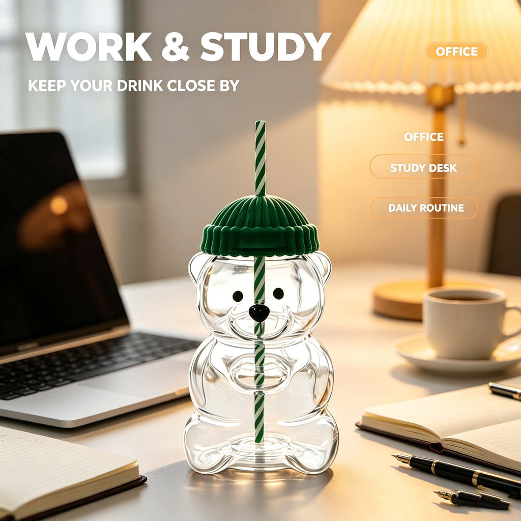 Cute Bear Plastic Cup with Straw & Knitted Beanie Lid, Transparent Bear Shaped Water Bottle, Festive Drink Cup for Christmas Birthday Party Home Office