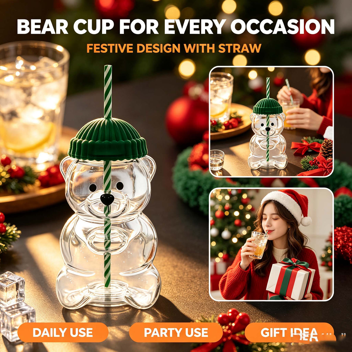 Cute Bear Plastic Cup with Straw & Knitted Beanie Lid, Transparent Bear Shaped Water Bottle, Festive Drink Cup for Christmas Birthday Party Home Office