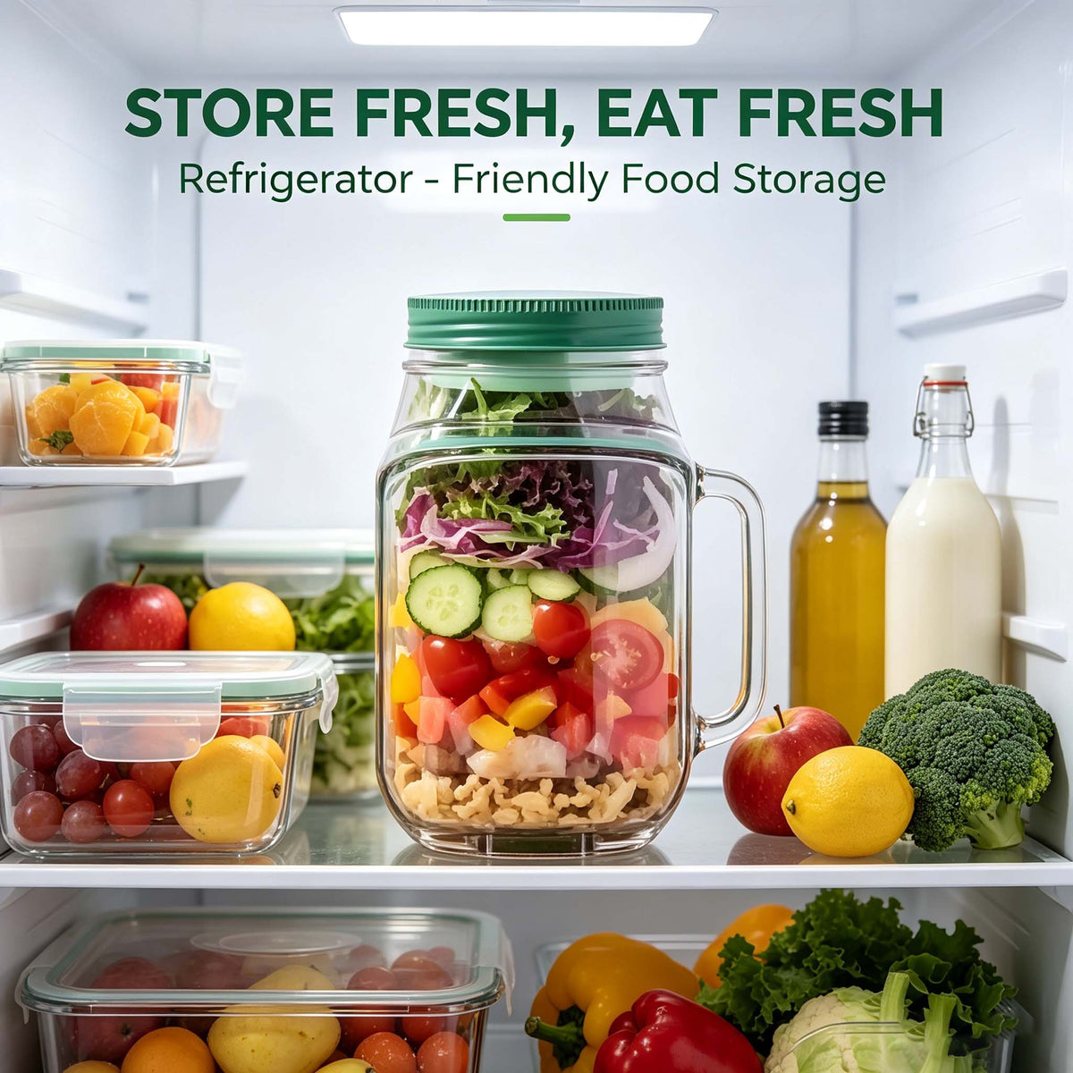 Salad Container with Lid and Handle, Leakproof Mason Jar for Overnight Oats, Meal Prep, BPA-Free Food Storage