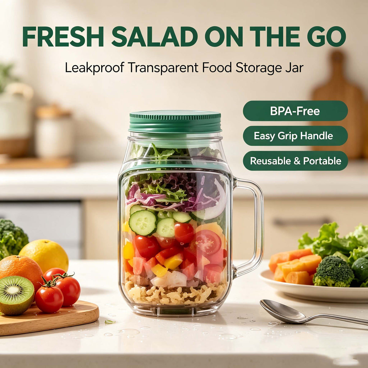 Salad Container with Lid and Handle, Leakproof Mason Jar for Overnight Oats, Meal Prep, BPA-Free Food Storage