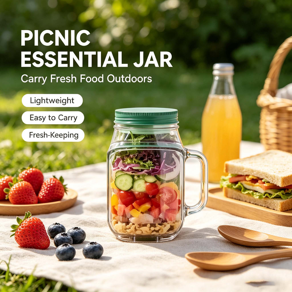 Salad Container with Lid and Handle, Leakproof Mason Jar for Overnight Oats, Meal Prep, BPA-Free Food Storage