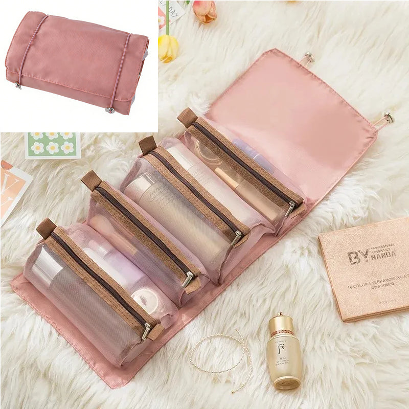 Roll Up Travel Makeup Bag with 4 Detachable Mesh Pouches, Portable Foldable Cosmetic Toiletry Organizer for Vacation & Daily Use