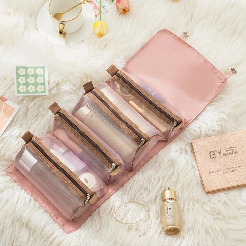 Roll-Up Travel Makeup Bag with 4 Detachable Zipper Pouches, Portable Cosmetic & Toiletry Organizer, Pink