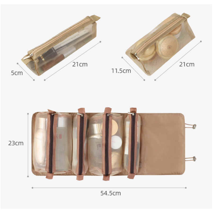 Roll Up Travel Makeup Bag with 4 Detachable Mesh Pouches, Portable Foldable Cosmetic Toiletry Organizer for Vacation & Daily Use