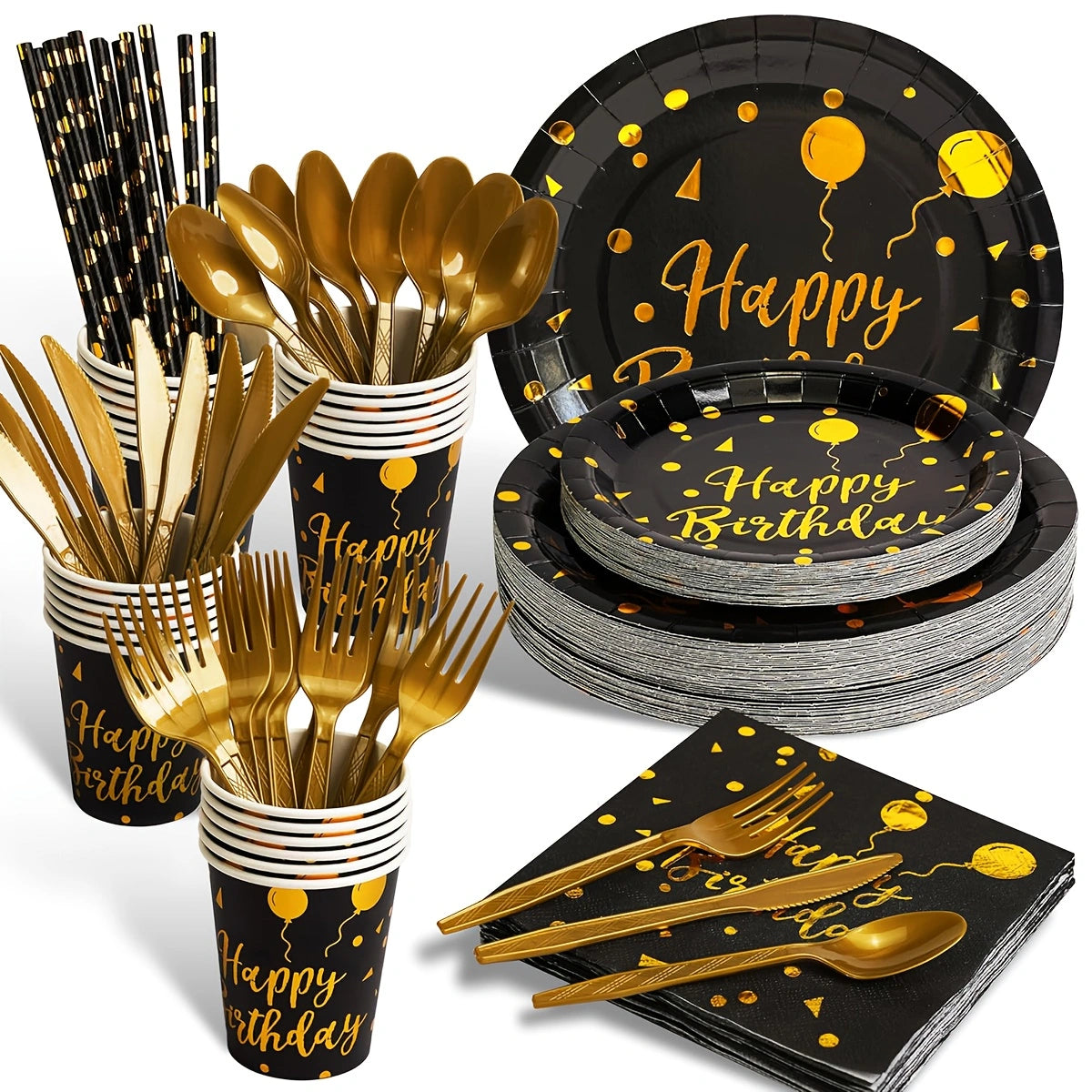 200Pcs Black Gold Birthday Disposable Tableware Set, Serves 25 Guests, Happy Birthday Paper Plates Cups Napkins Gold Cutlery Straws for Birthday Party Supplies