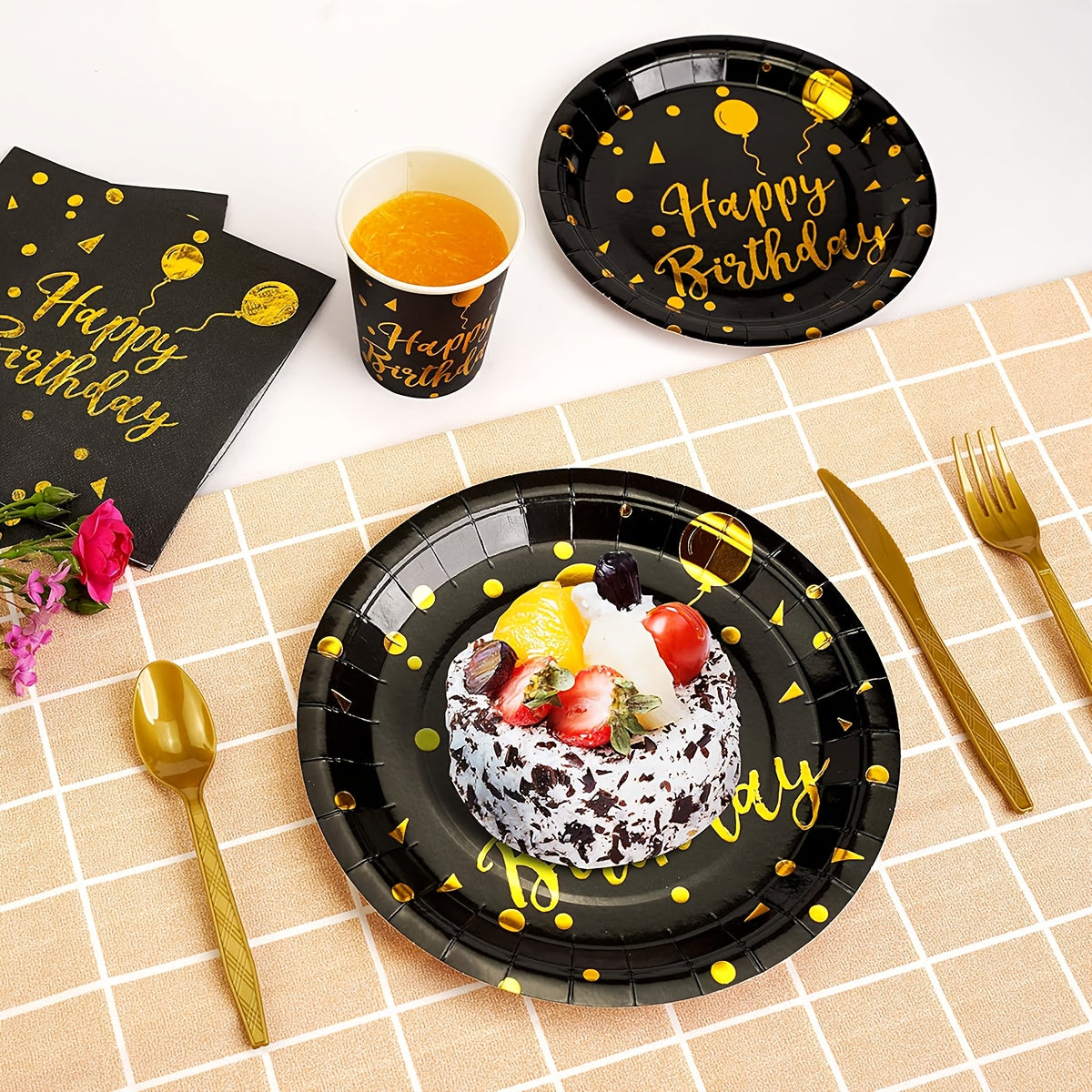 200Pcs Black Gold Birthday Disposable Tableware Set, Serves 25 Guests, Happy Birthday Paper Plates Cups Napkins Gold Cutlery Straws for Birthday Party Supplies