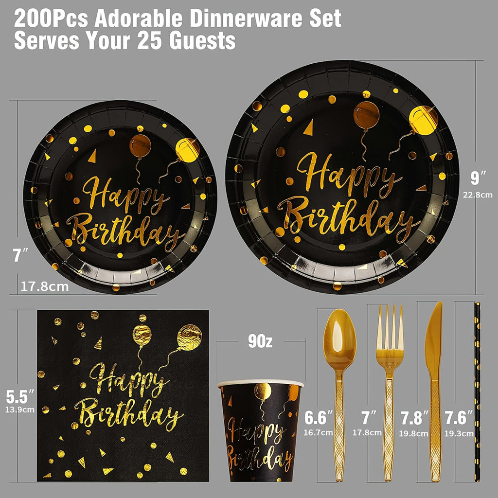 200Pcs Black Gold Birthday Disposable Tableware Set, Serves 25 Guests, Happy Birthday Paper Plates Cups Napkins Gold Cutlery Straws for Birthday Party Supplies