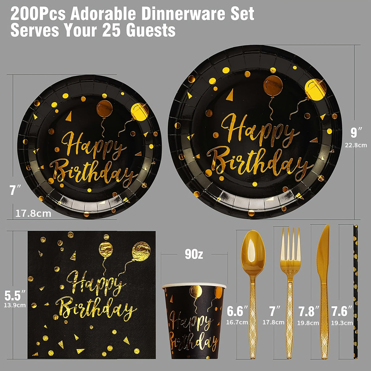 200Pcs Black Gold Birthday Disposable Tableware Set, Serves 25 Guests, Happy Birthday Paper Plates Cups Napkins Gold Cutlery Straws for Birthday Party Supplies