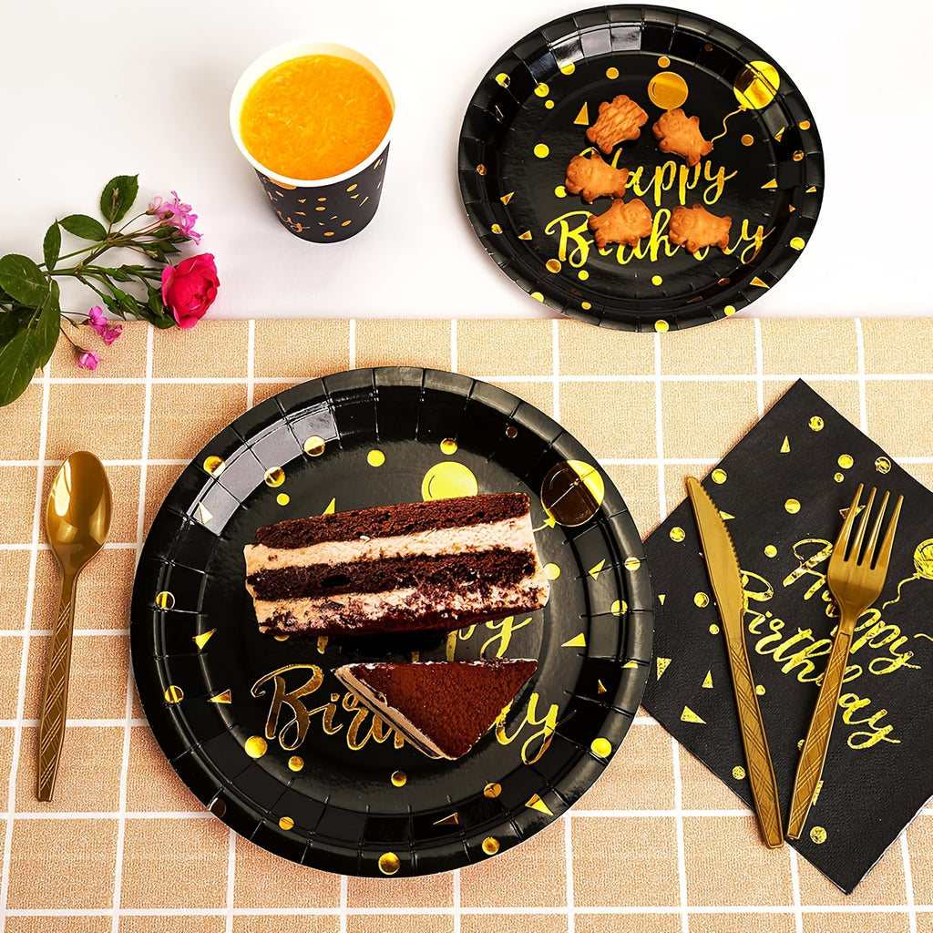 200Pcs Black Gold Birthday Disposable Tableware Set, Serves 25 Guests, Happy Birthday Paper Plates Cups Napkins Gold Cutlery Straws for Birthday Party Supplies