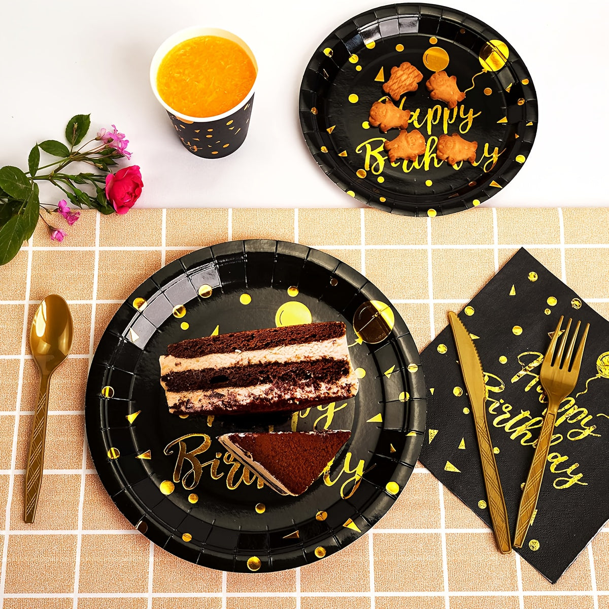 200Pcs Black Gold Birthday Disposable Tableware Set, Serves 25 Guests, Happy Birthday Paper Plates Cups Napkins Gold Cutlery Straws for Birthday Party Supplies