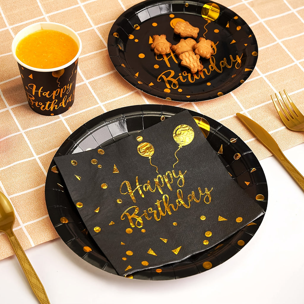 200Pcs Black Gold Birthday Disposable Tableware Set, Serves 25 Guests, Happy Birthday Paper Plates Cups Napkins Gold Cutlery Straws for Birthday Party Supplies