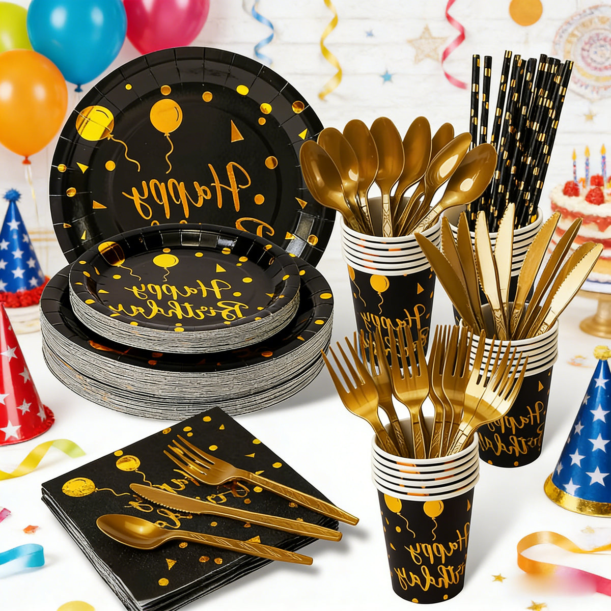 200Pcs Black Gold Birthday Disposable Tableware Set, Serves 25 Guests, Happy Birthday Paper Plates Cups Napkins Gold Cutlery Straws for Birthday Party Supplies