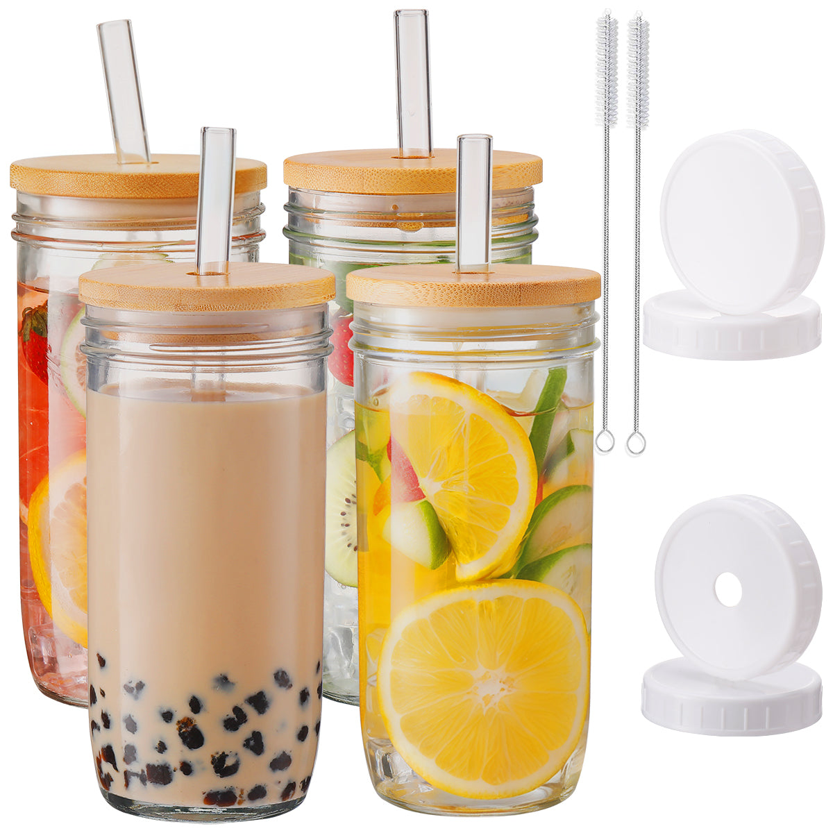 4 Pack Glass Tumblers with Bamboo Lids and Straws, Reusable Boba Cups with 15mm Wide Straw, Food Grade Iced Coffee Cups for Bubble Tea Smoothies 字符数：148 / 150 ✅