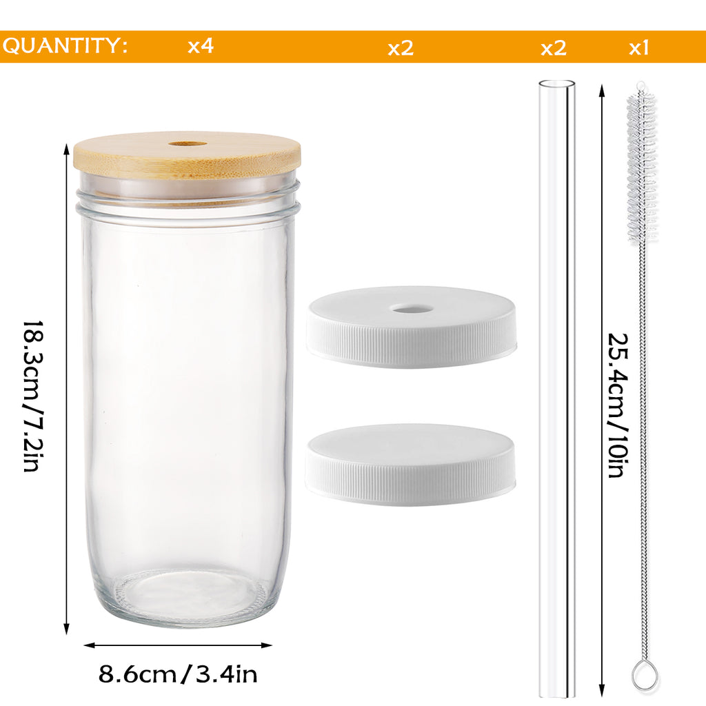 4 Pack Glass Tumblers with Bamboo Lids and Straws, Reusable Boba Cups with 15mm Wide Straw, Food Grade Iced Coffee Cups for Bubble Tea Smoothies 字符数：148 / 150 ✅