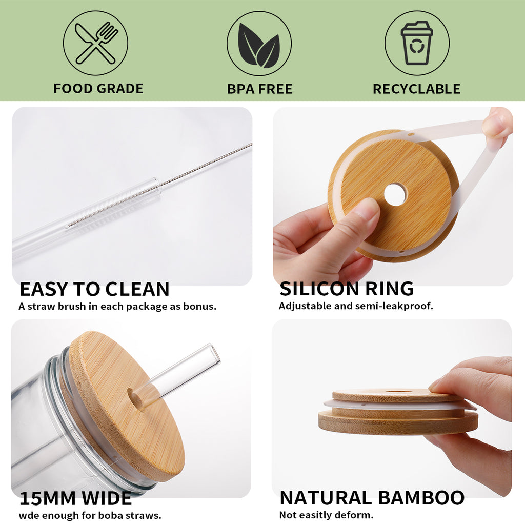 4 Pack Glass Tumblers with Bamboo Lids and Straws, Reusable Boba Cups with 15mm Wide Straw, Food Grade Iced Coffee Cups for Bubble Tea Smoothies 字符数：148 / 150 ✅