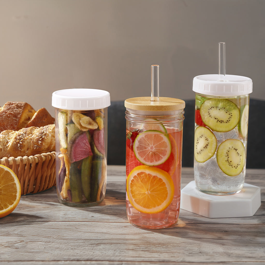 4 Pack Glass Tumblers with Bamboo Lids and Straws, Reusable Boba Cups with 15mm Wide Straw, Food Grade Iced Coffee Cups for Bubble Tea Smoothies 字符数：148 / 150 ✅