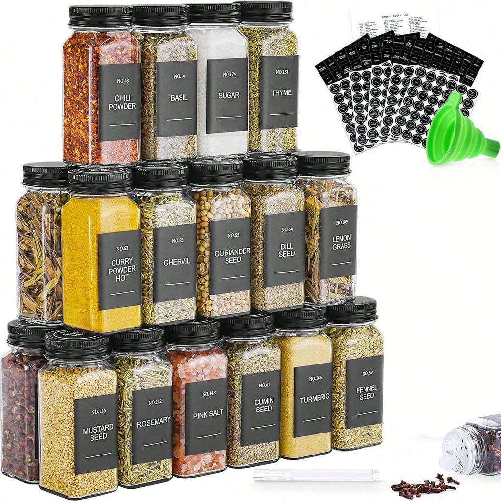 24-Piece Glass Spice Jar Set with Labels, 4 oz Square Seasoning Containers, Shaker Lids, Metal Caps and Funnel