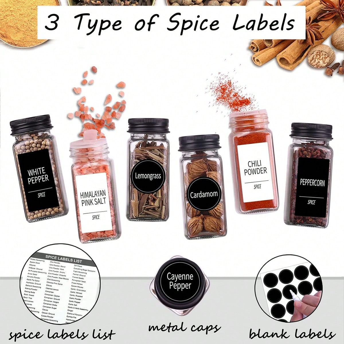 24-Piece Glass Spice Jar Set with Labels, 4 oz Square Seasoning Containers, Shaker Lids, Metal Caps and Funnel