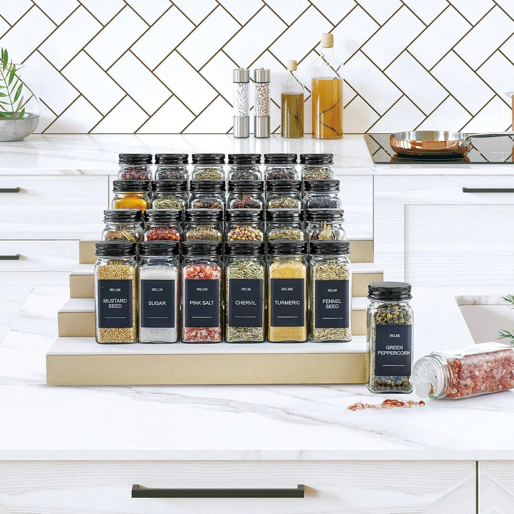 24-Piece Glass Spice Jar Set with Labels, 4 oz Square Seasoning Containers, Shaker Lids, Metal Caps and Funnel