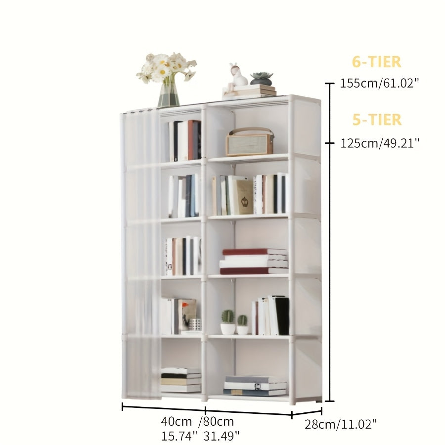 5 Tier Black Wardrobe Cabinet with Dustproof Cover, Freestanding Closet Organizer Shelf with Semi-Transparent Curtain for Bedroom Living Room