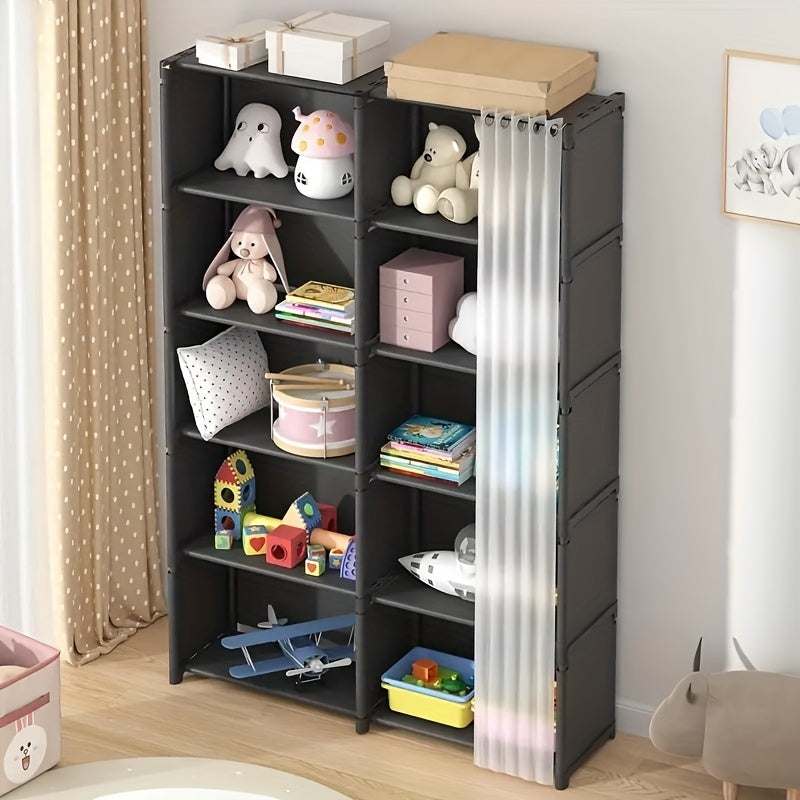 5 Tier Black Wardrobe Cabinet with Dustproof Cover, Freestanding Closet Organizer Shelf with Semi-Transparent Curtain for Bedroom Living Room